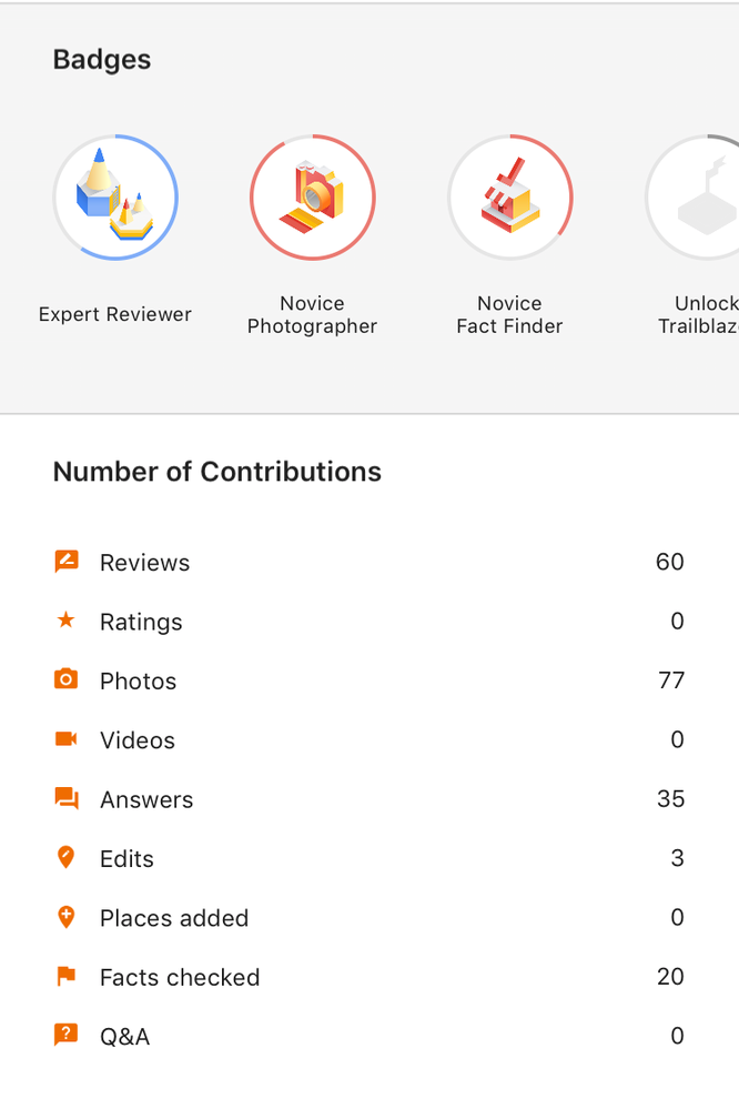Caption: A screenshot of a Local Guide's profile on mobile where you can view the badges they have earned or are progressing toward and their contribution types.