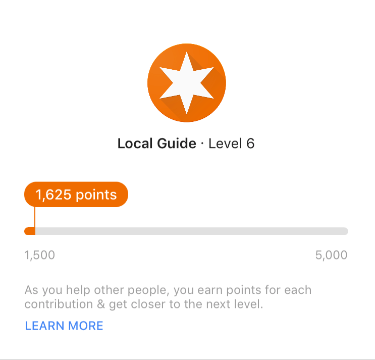 Caption: A screenshot of a Local Guide’s  profile on mobile where you can view their level and total points.
