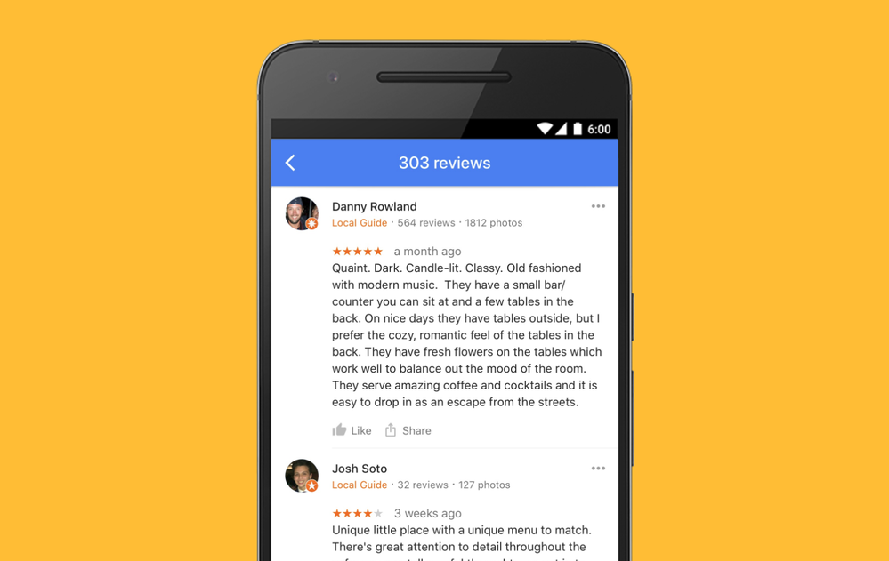 Caption: A graphic of a phone displaying reviews on Google Maps.