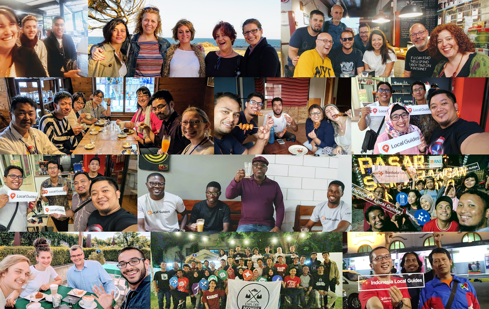 Caption a cross section of Local Guides from all over the world enjoying coffee and taking group photos during a joint global meetup event