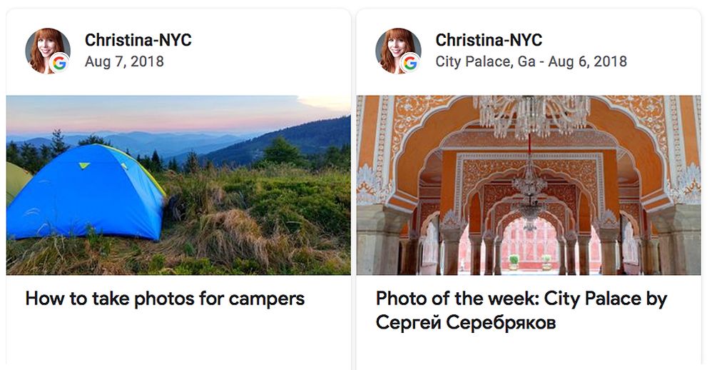 Caption: A screenshot of two posts on Connect: “How to take photos for campers” and “Photo of the week: City Palace by Сергей Серебряков.”