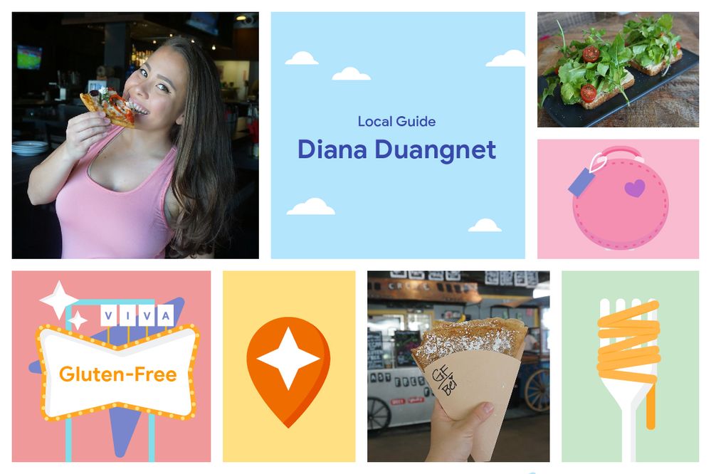 Caption: A graphic that shows a collage of images including a photo of Local Guide @DDuangnet eating a slice of pizza, an illustration of a sign that says “VIVA Gluten-Free,” the Local Guides pin, a fork with spaghetti on it, a round pink purse, and two food photos Diana took.
