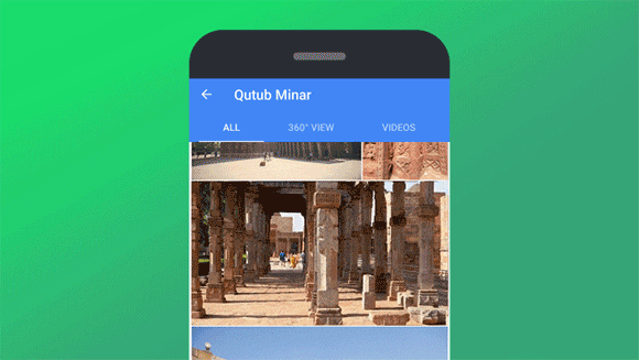 Caption: A graphic of a phone showing a video of Qutb Minar, a monument in New Delhi, India, on Google Maps against a green background.