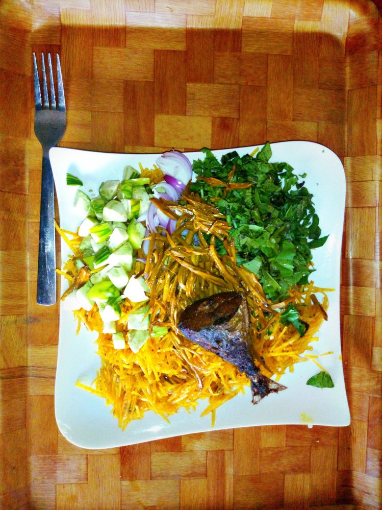 Abacha and  grilled fish