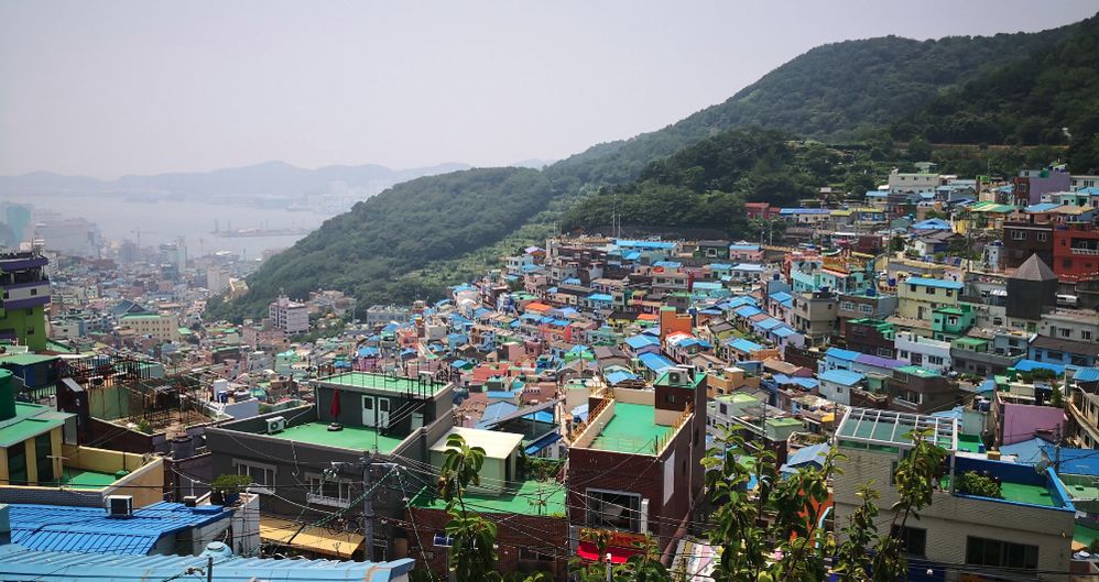 A bird’s-eye view of Gamcheon Culture Village in Busan, South Korea that shows many colorful homes and buildings. (Local Guide @DoriyaKi)