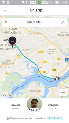 Uber en route to Sutera Mall, JB, Malaysia