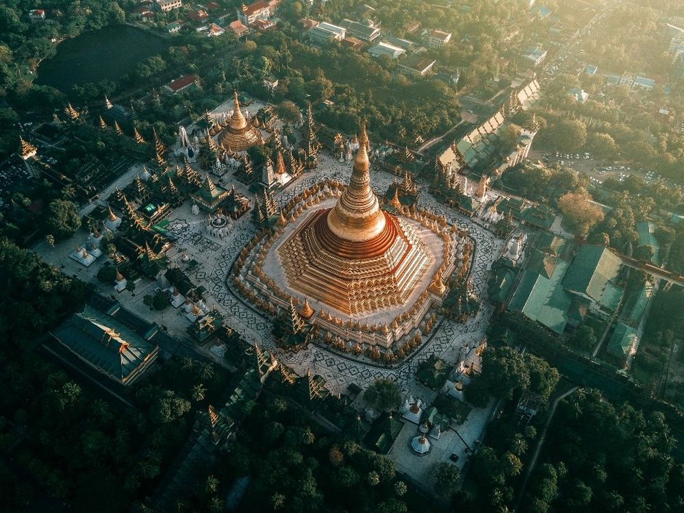 Caption: A bird’s-eye view photo of Shwedagon Pagoda, a Buddhist temple in Yangon Myanmar. (Courtesy of Dimitar Karanikolov)