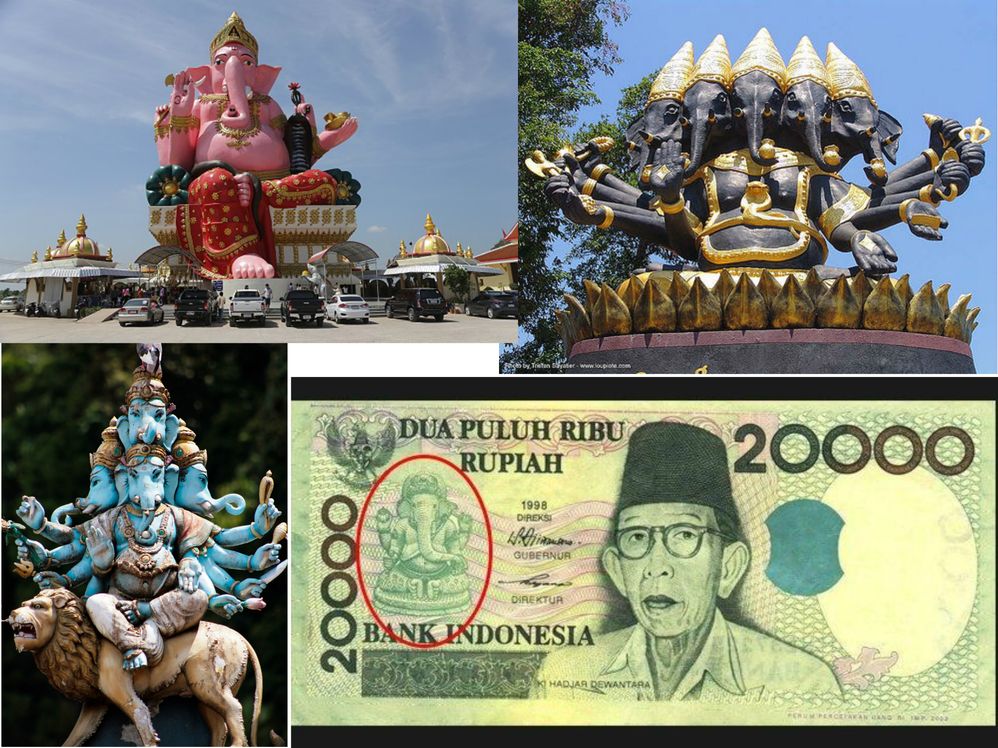 right bottom : ganesha on indonesian currncy, left bottom statatue in maaysia, upper right & upper left statue in thailand