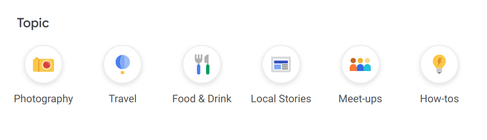 Caption: A screenshot that shows the main topics you can select on Connect: Photography, Travel, Food & Drink, Local Stories, Meet-ups, and How-tos.