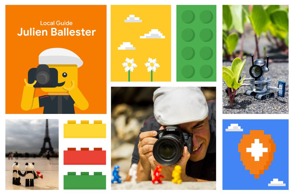 Caption: A collage of images and illustrations including a photo of Local Guide Julien Ballester looking through the viewfinder on his DSLR camera, two photos he took of LEGO minifigures, and several illustrations of LEGOs.