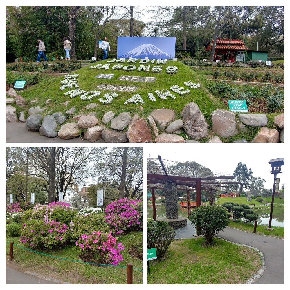 Caption: On the top, a photo of some rocks set uo in the grass to read "Japanese Garden Buenos Aires" and the date. On the bottom left, the path of Azaleas. On the bottom right, a pergola.