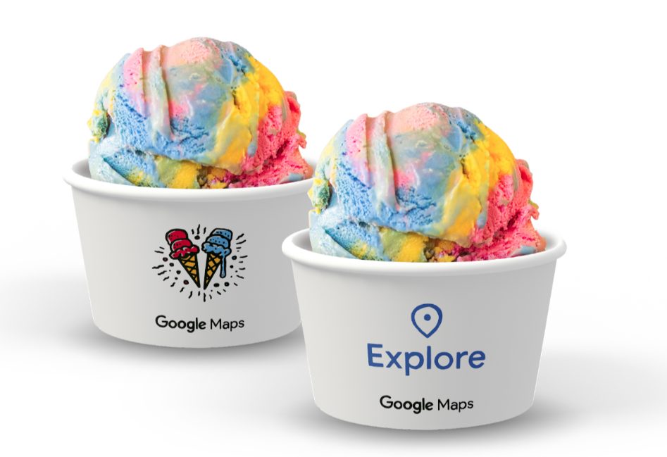 Caption: A photo of scoops of rainbow-colored ice cream in two white cups that say “Google Maps.” One cup shows an illustration of two ice cream cones while the other says “Explore.”