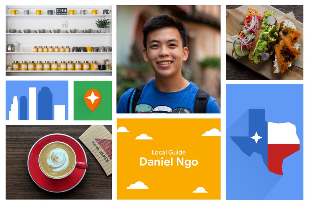 Caption: A collage of images and illustrations including a photo of Local Guide Daniel Ngo smiling at the camera, a photo of a shelf filled with coffee mugs and canisters, a photo of three different kinds of toasts, and an illustration of the Texas flag shaped like the state.