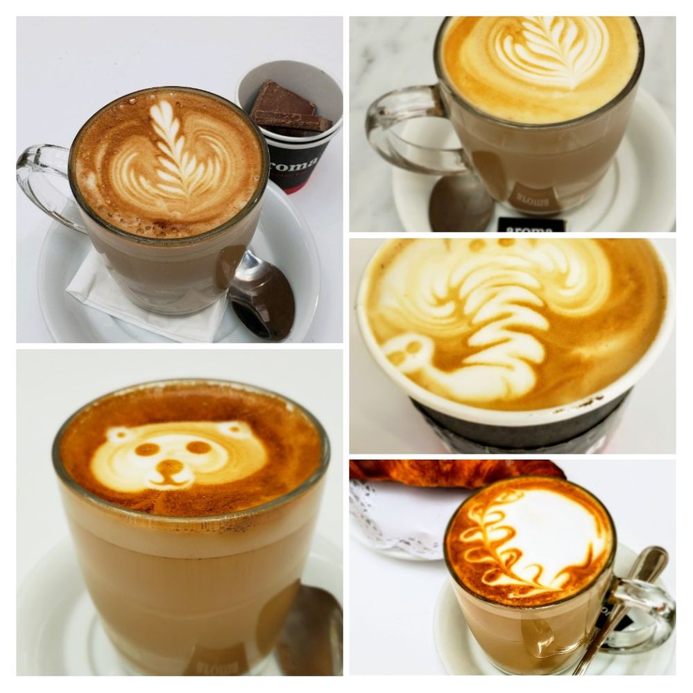 Collage of Aroma Espresso Bar  latte patterns