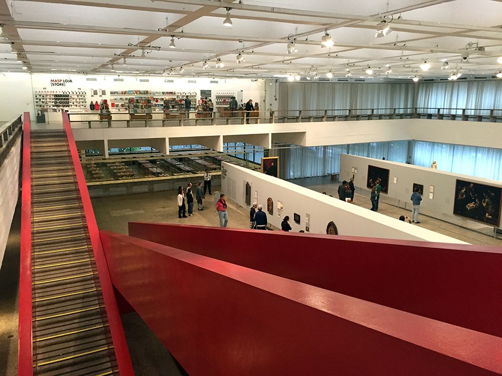 Caption: A photo of staircases and  interior of the São Paulo Museum of Art, São Paulo Brazil. (Local Guide Rei Bollozos)