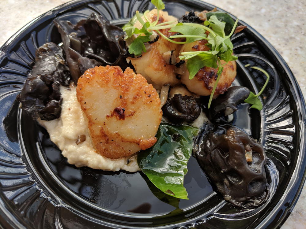 West Coast (USA): Seared Scallops, Truffled Celery Root Purée, Brussels Sprouts and Wild Mushrooms