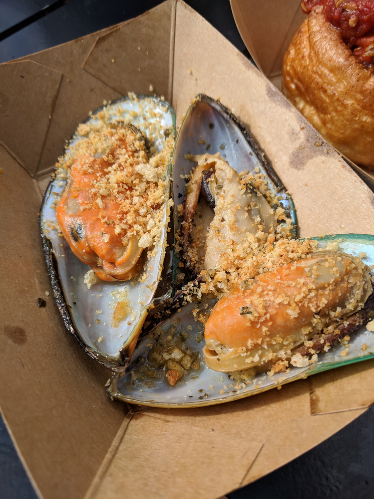 New Zealand: Steamed Green Lip Mussels with Garlic Butter and Toasted Breadcrumbs