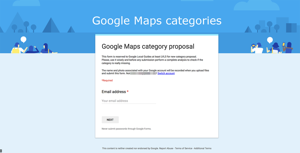 Example of Google Maps category proposal form