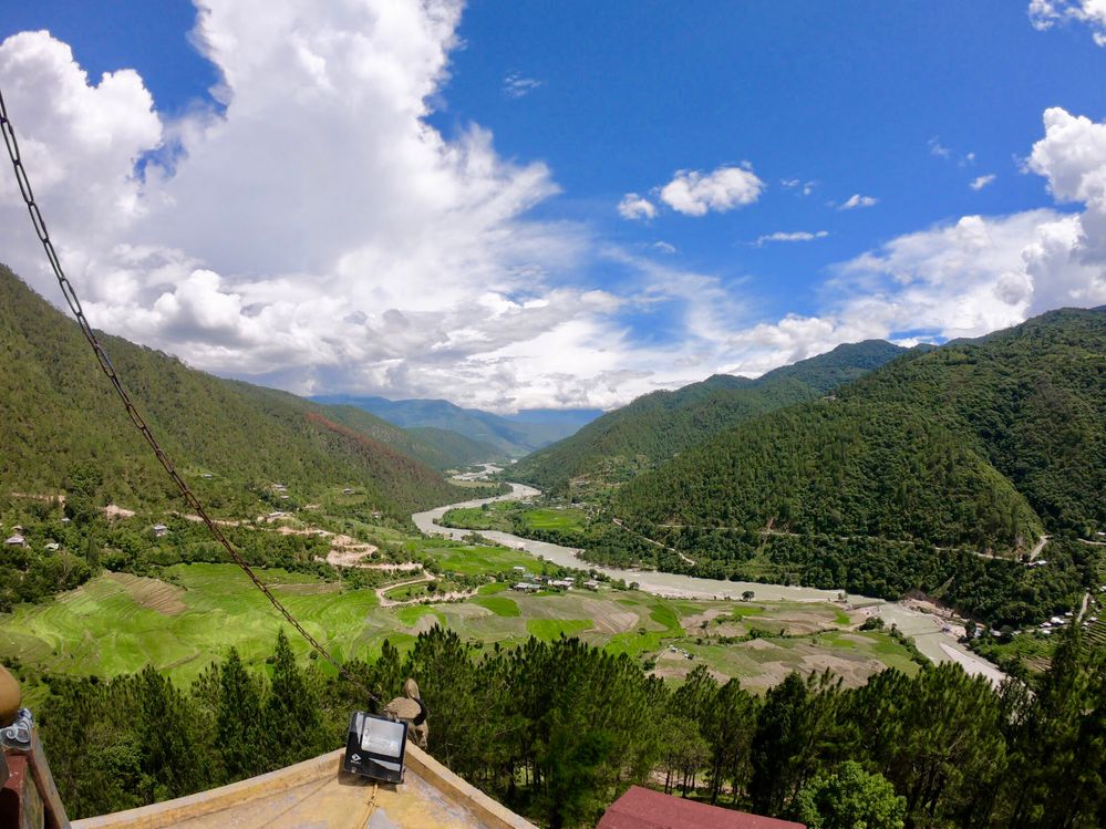 The view of turns and twists of Mo Chhu river from the top of the Stupa.