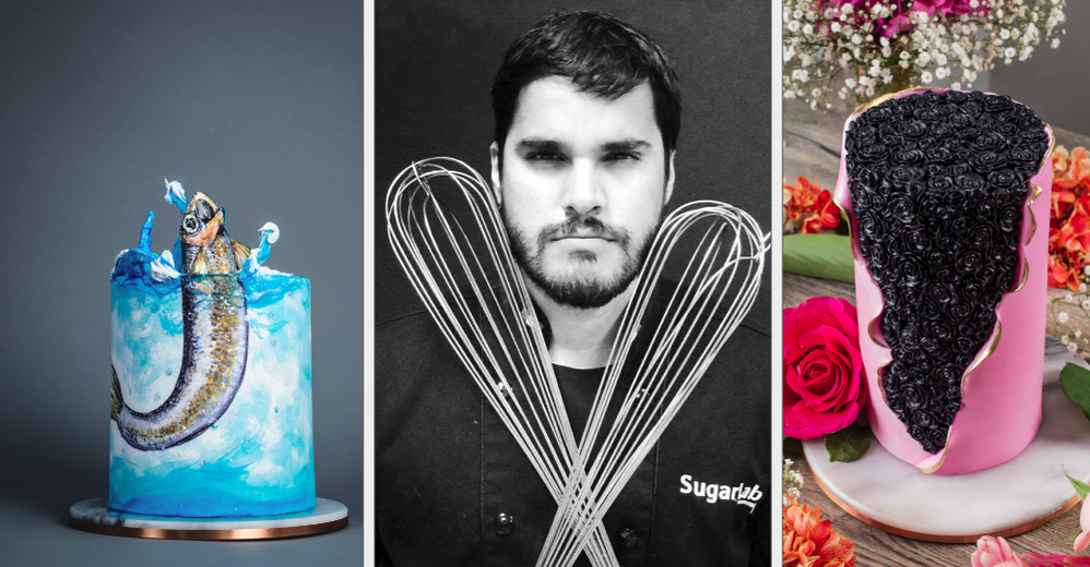 Caption: Three side-by-side photos: One featuring a cake made to look like a fish is splashing out of the top (left), a black-and-white one of pastry chef Victor Tarazona holding up two metal whisks (middle), and one featuring a cake designed with black roses and pink fondant surrounded by real flowers (right). (Courtesy of Victor Tarazona)