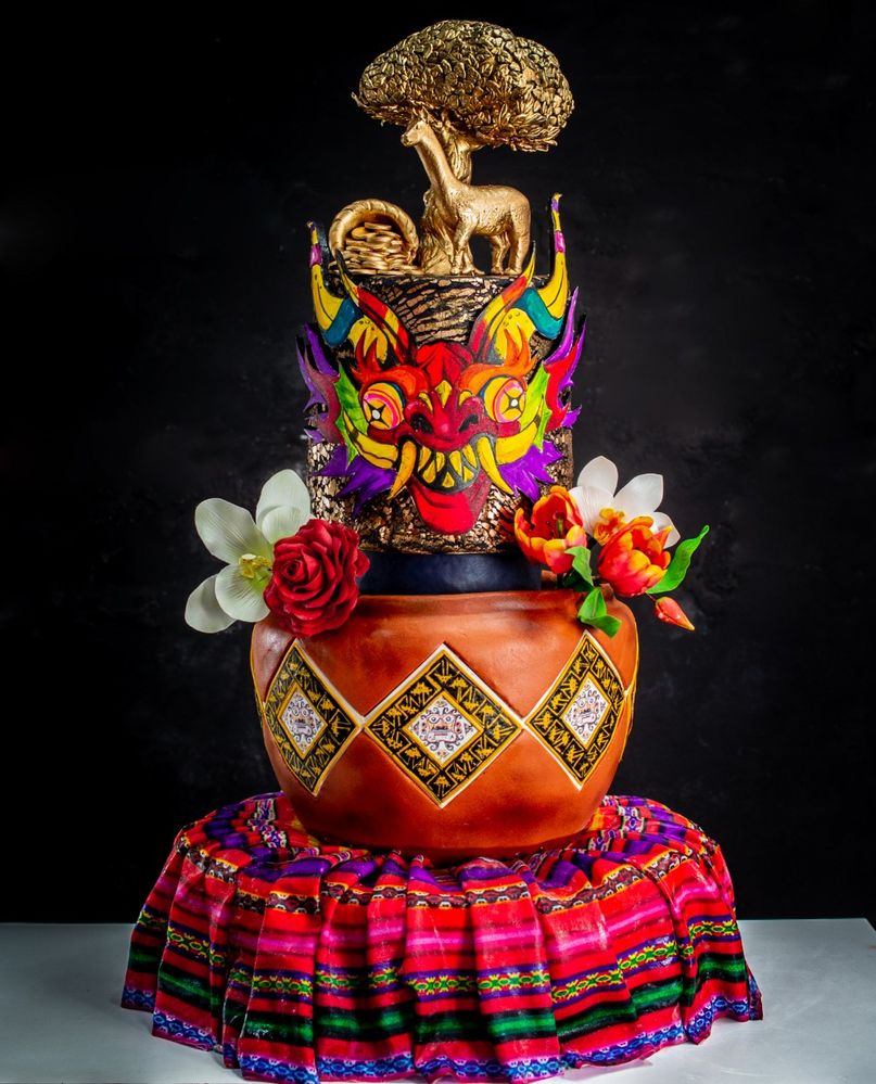 Caption: A photo a colorful cake with fondant that has edible details paying tribute to Peruvian culture. (Courtesy of Victor Tarazona)
