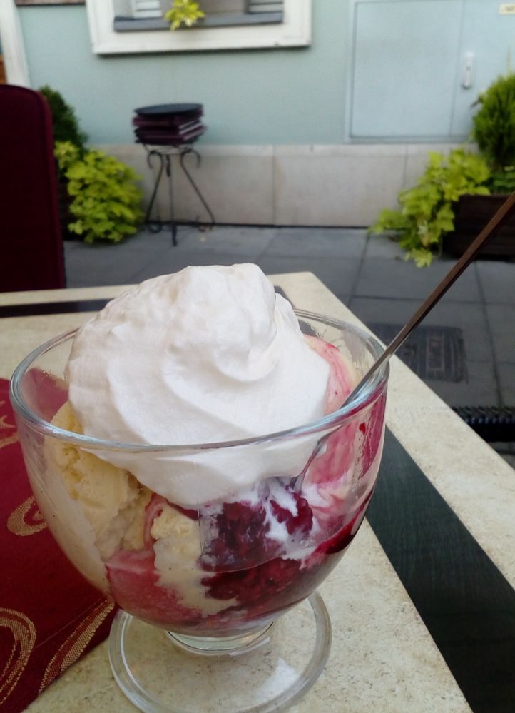 ice-cream with hot raspberry jam.