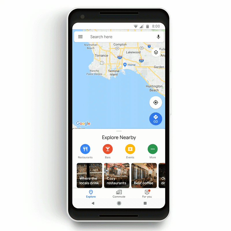 Caption: A gif that shows a phone using the new commute tab on Google Maps.