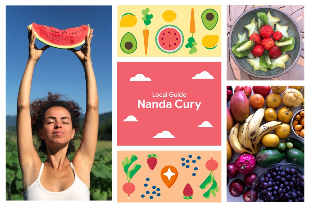 Caption: A collage of images and illustrations including a photo of Local Guide Nanda Curry holding a slice of watermelon over her head, illustrations of fruit, and a photo of fruit salad.