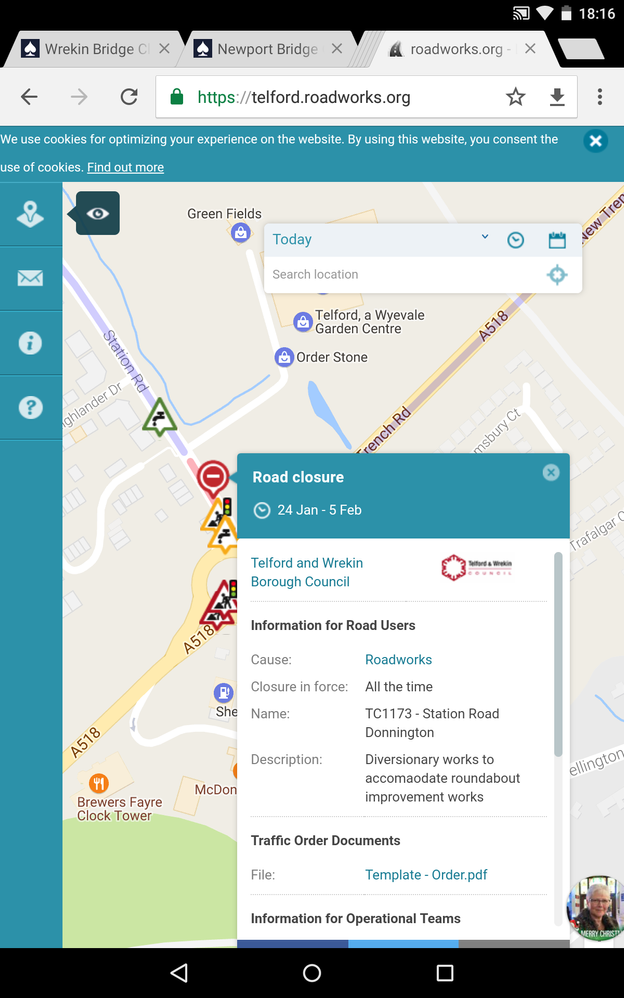 https://telford.roadworks.org image and specific description of road closure
