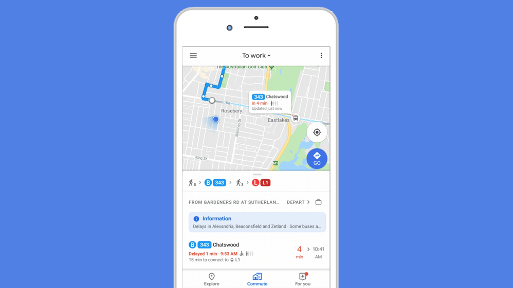 Caption: An image of a phone of a blue background that shows the commute tab on Google Maps showing delays on a route to work.