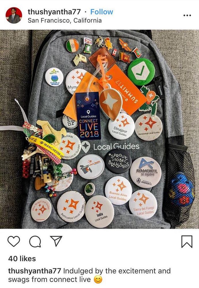 Caption: An Instagram post that shows a Local Guide’s backpack covered in pins from different countries. (@thushyantha77)