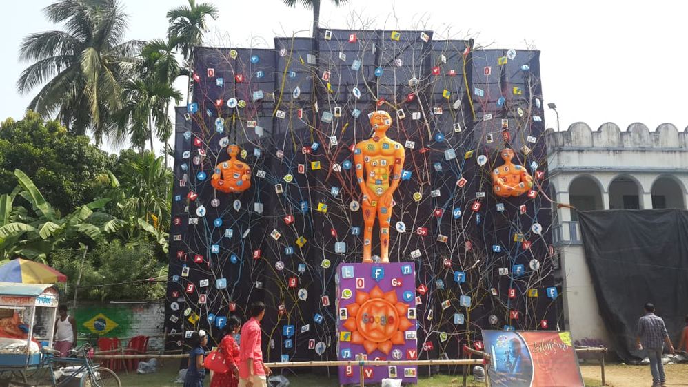 A puja pandal have theme of Social media paltforms, lots of social icons are everywhere in the pandal. Place- CAC Ground, Serampore