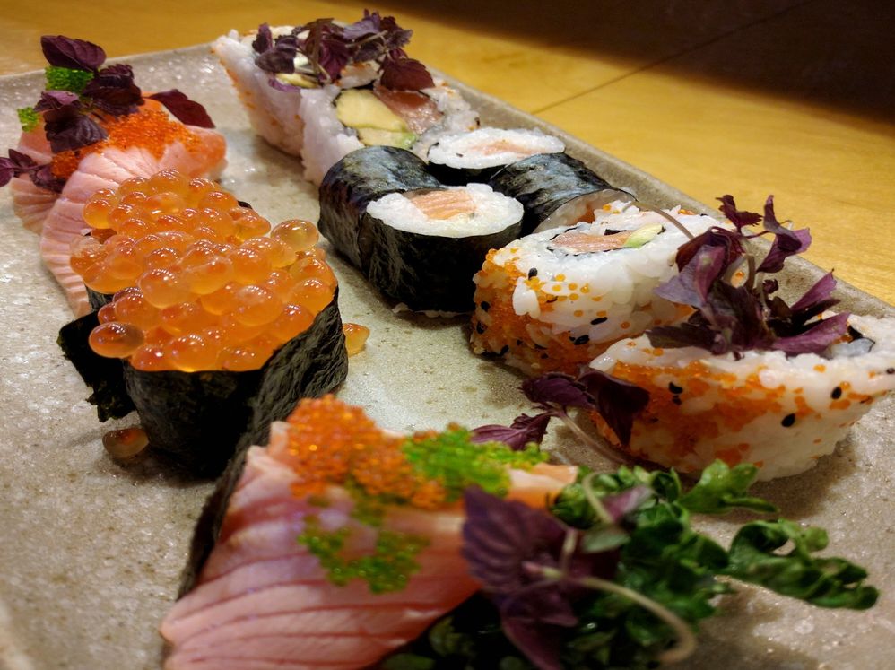 Caption: An angled view of the same sushi set