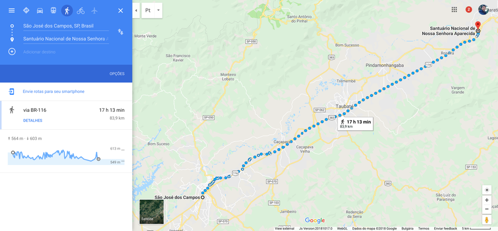 Legenda: Uma captura de tela da rota entre a cidade de São José dos Campos e a Basílica de Nossa Senhora Aparecida no Google Maps, mostrando um tempo estimado de chegada de 17 horas e 13 minutos.