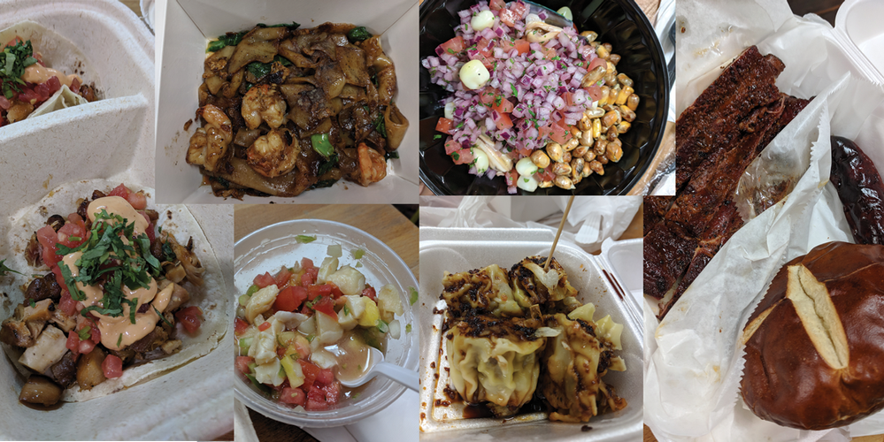 The foods that we ate - including thai noodles, ceviche, dumplings, American BBQ, conch salad, and tacos.