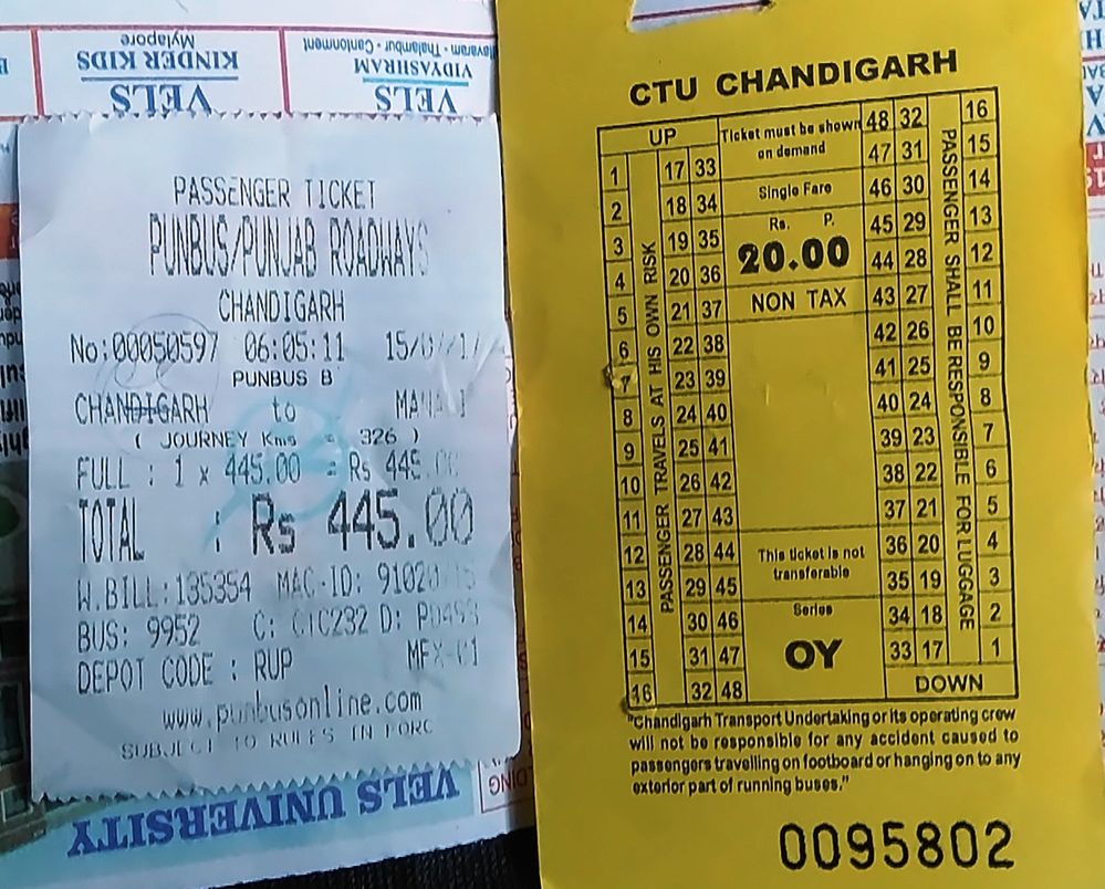 20170715 Chandigarh to Manaali Bus Fare  Rs 445- Punjab Roadways & local service from Railway station  Rs 20/-