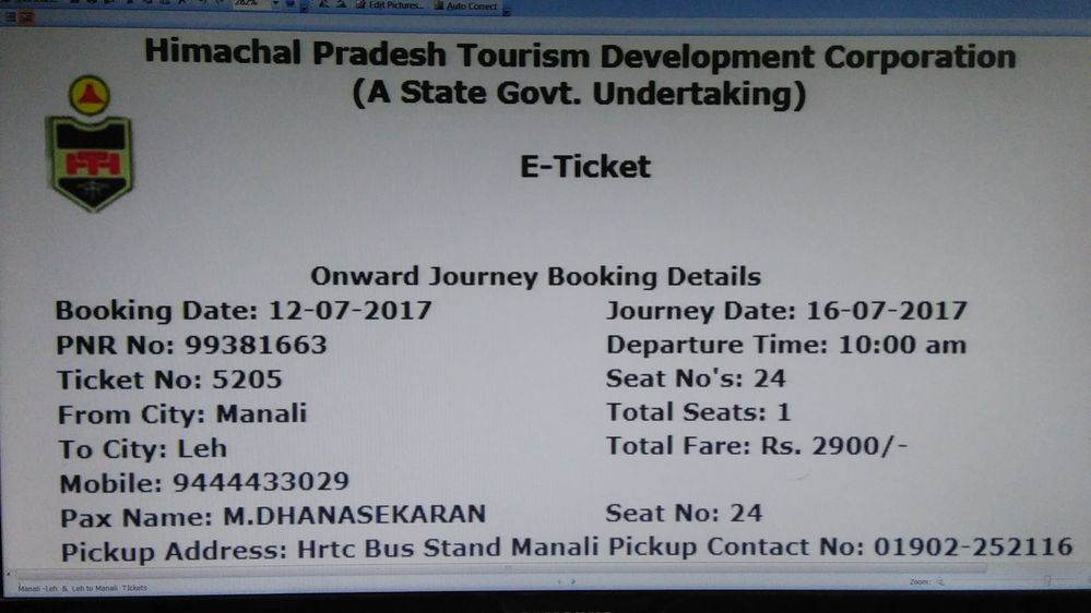 IMG_20170712_141100 HPTDC E-Ticket Manali to Leh Rs 2900 in year 2017