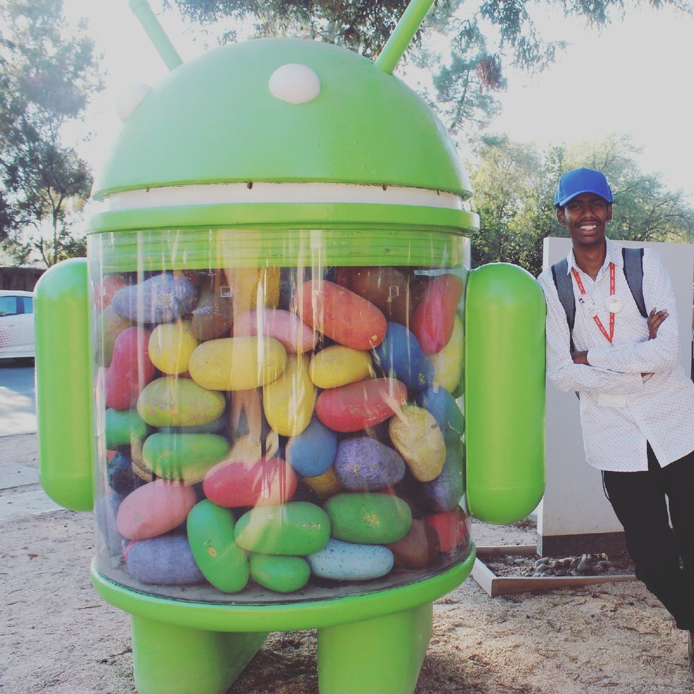 Me at Google Android Lawn Statues during the best ever Connect Live 2018