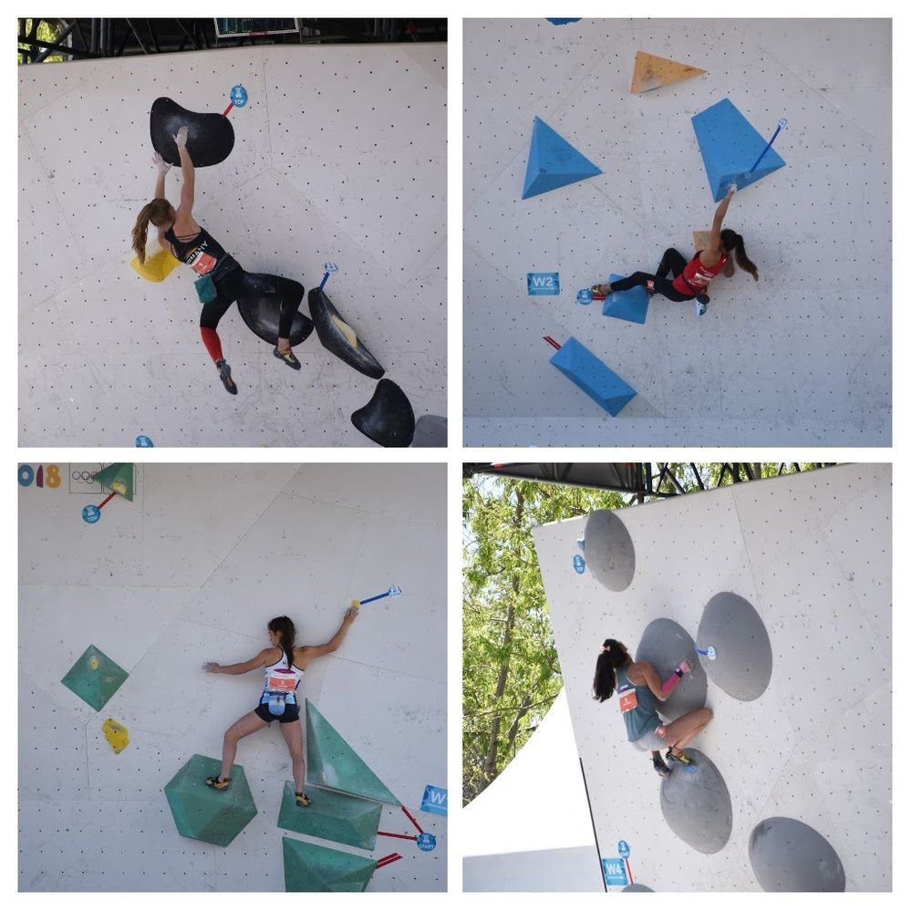 Caption: Girls from different countries competing on the four challenges of  Women's Bouldering
