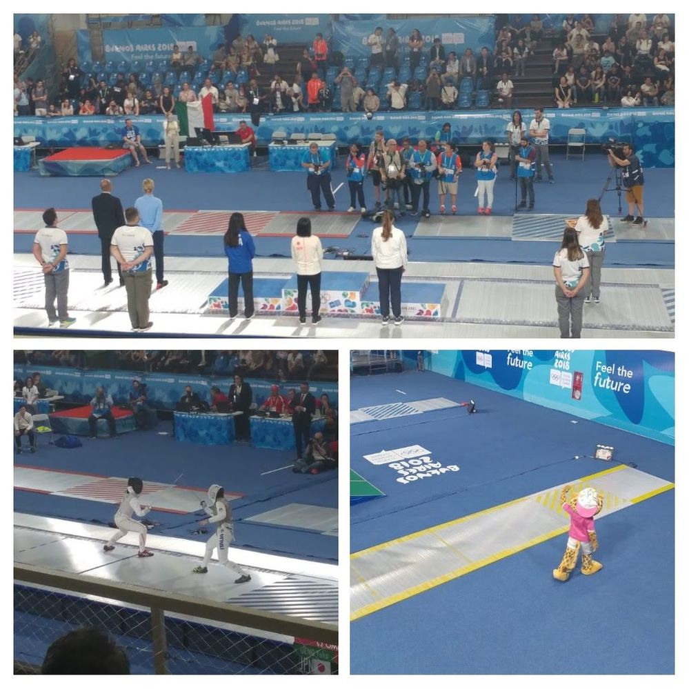 Caption: On the top photo, the beggining of the Women¿s Foil Individual award ceremony. On the bottom left, two athletes competing. On the bottom right, Pandi, these's Olympic Games mascot, saying hi to the spectators before the award ceremony began.