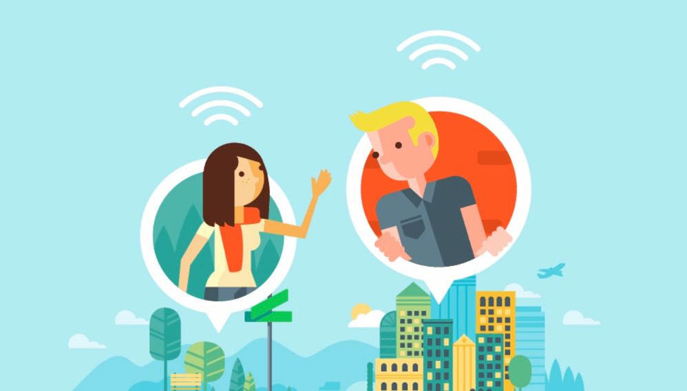 Caption: An illustration from the Google Maps app that shows two people in different locations communicating with one another.