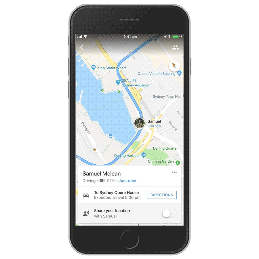 Caption: A gif of a phone showing the journey sharing feature on Google Maps in action.