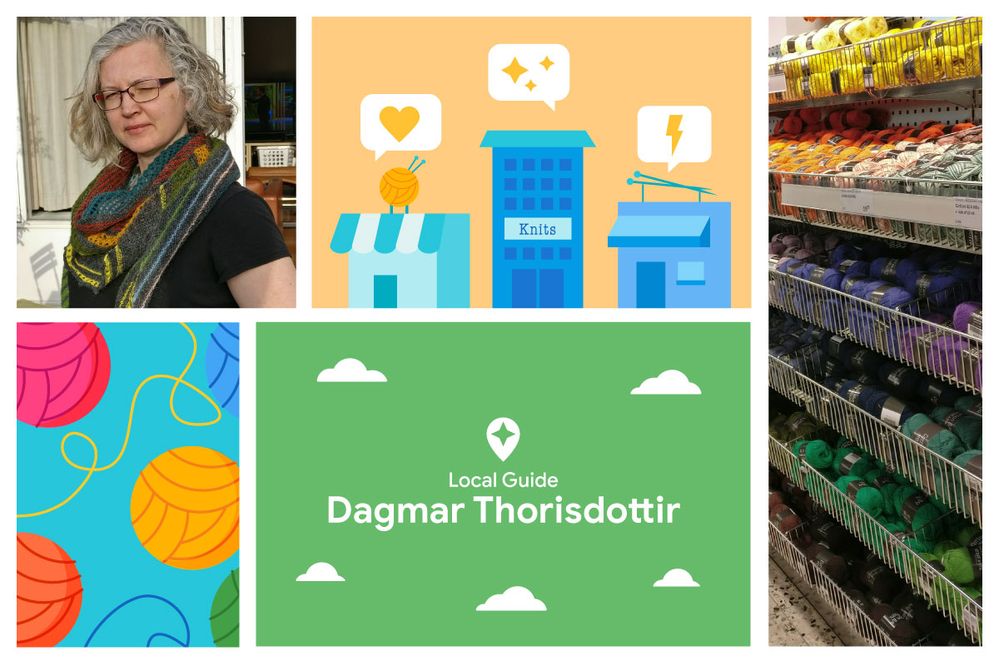 Caption: A collage of images that includes a photo of Local Guide Dagmar Thorisdottir wearing a scarf, a photo she took of an aisle filled with yarn at a craft store, an illustration of balls of yarn, and more.