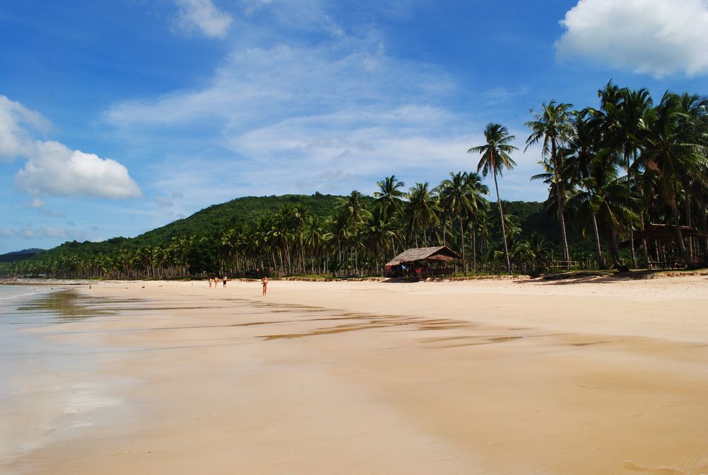 Caption: A photo of the golden beach of Long Beach, Palawan, Philippines. There a few white clouds in the deep blue sky, green palms, a cabin, and people sunbathing on the beach. (Local Guide @Toniaroundtheglobe)