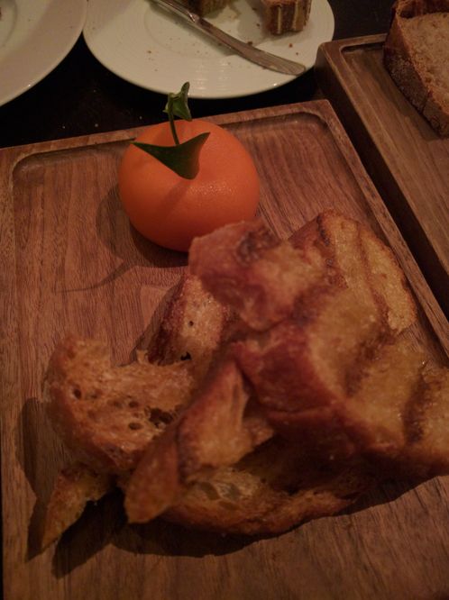Meat Fruit — Mandarin, chicken liver parfait & grilled bread