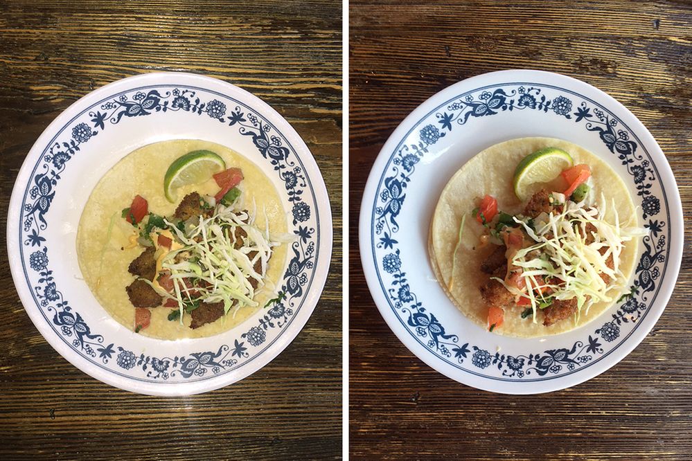 Caption: A photo of an open taco on a plate photographed with flash, next to the same dish photographed using natural light instead. (Wendy George)