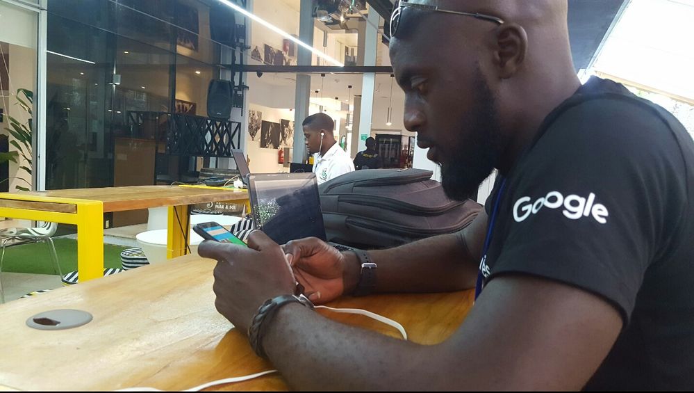 Caption: Abuja Local Guides Stephen Tanko uploading his first 360 Photo at the SHIL Coworking Space