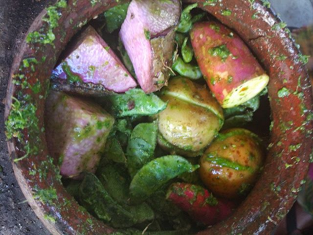 Potatoes, sweet potatoes and wild beans in a pot