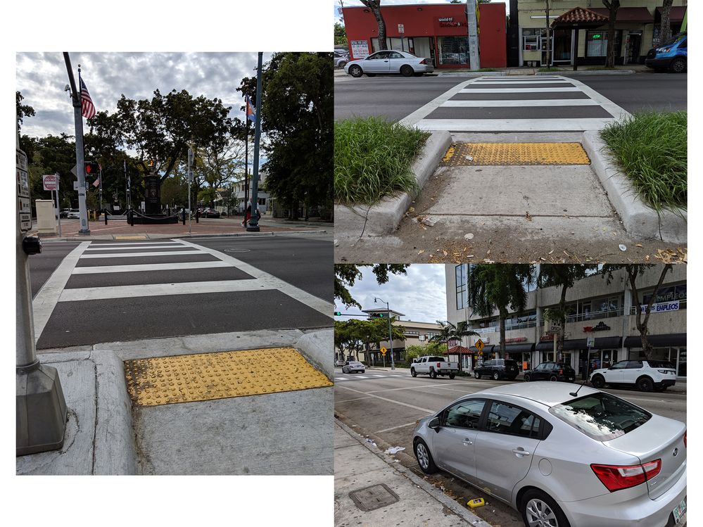 Accessible crosswalks, but no accessible parking spaces on the main road or around.