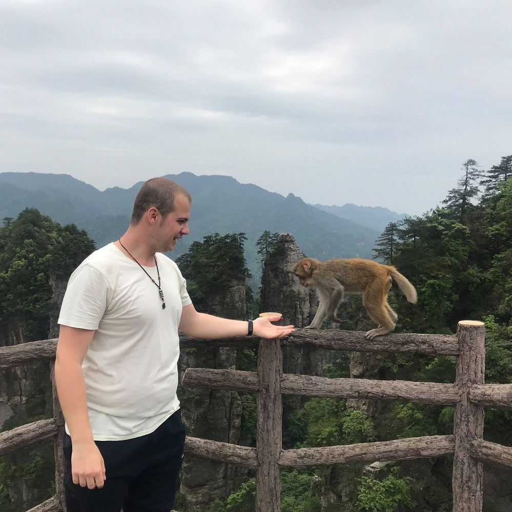 Caption: A photo of Local Guide @TsekoV meeting a wild monkey for the first time in the Zhangjiajie National Forest Park, China, 2018.